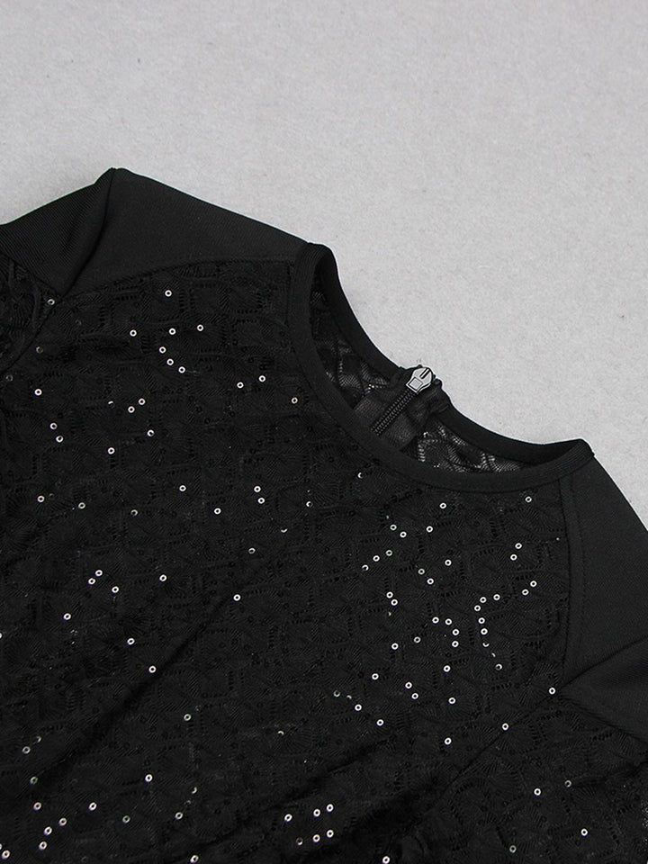 Black Scoop Neck Floor-Length Long Sleeves Evening Pantsuits with Feather & Sequins