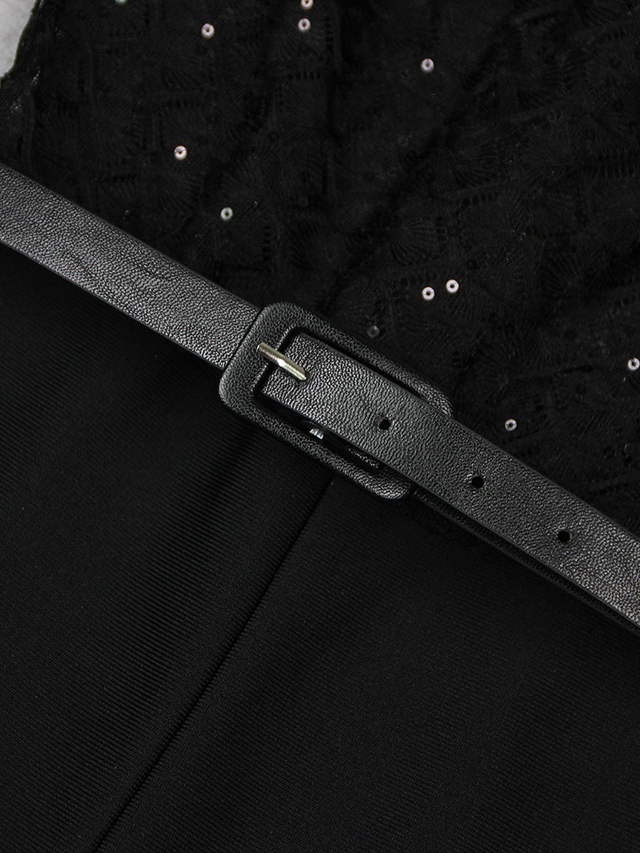 Black Scoop Neck Floor-Length Long Sleeves Evening Pantsuits with Feather & Sequins