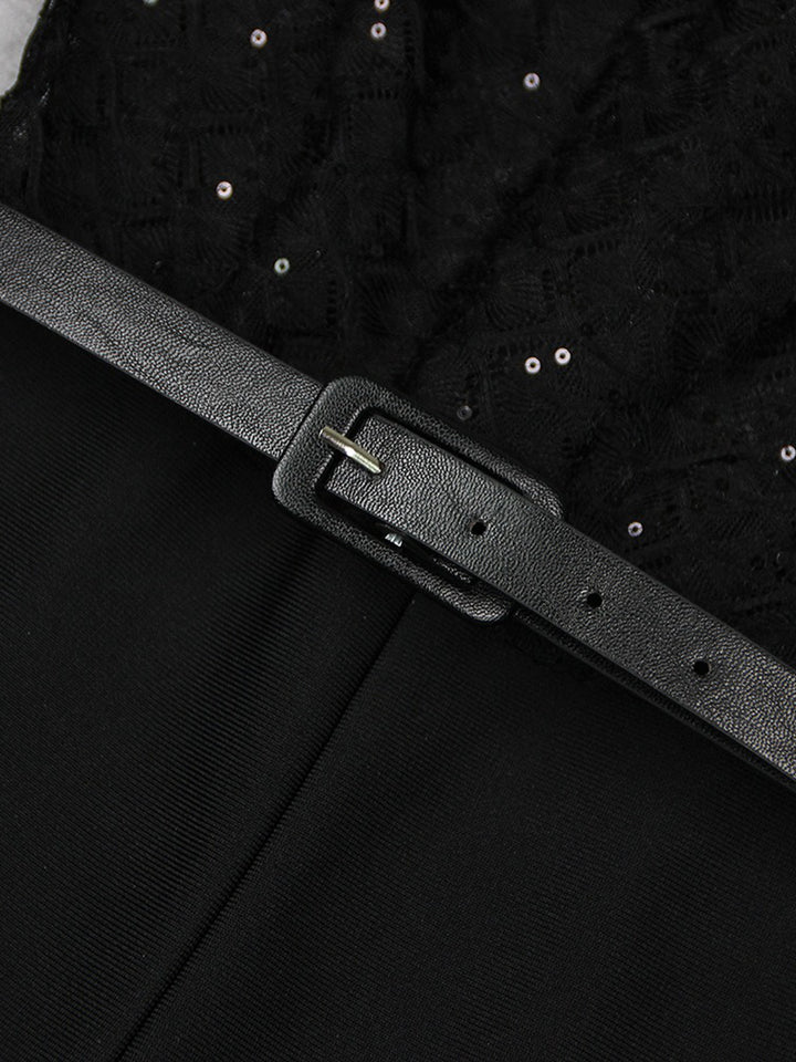 Black Scoop Neck Floor-Length Long Sleeves Evening Pantsuits with Feather & Sequins