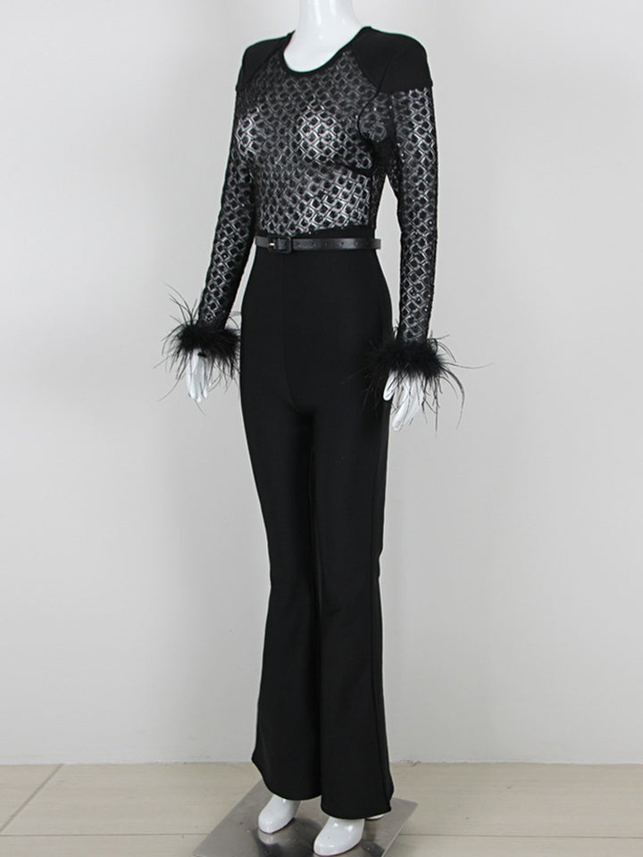 Black Scoop Neck Floor-Length Long Sleeves Evening Pantsuits with Feather & Sequins