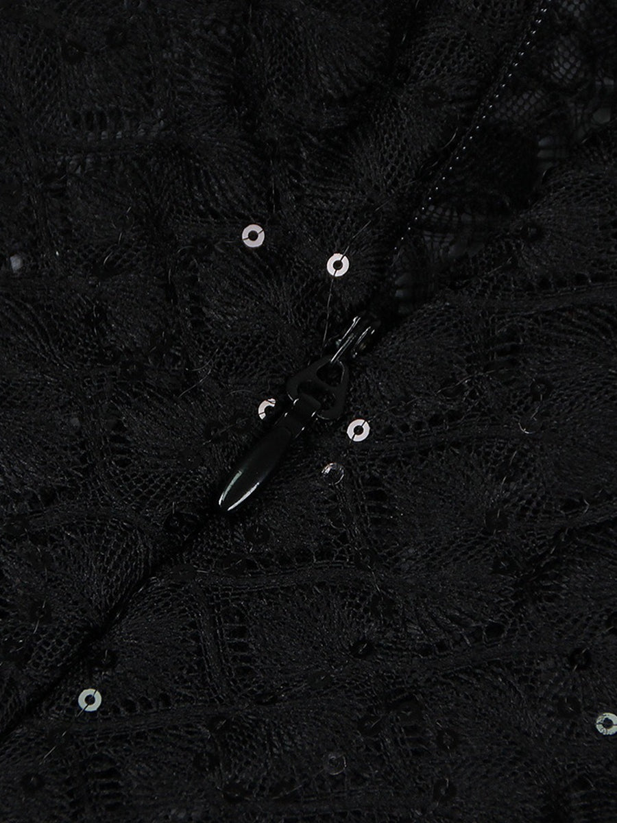 Black Scoop Neck Floor-Length Long Sleeves Evening Pantsuits with Feather & Sequins