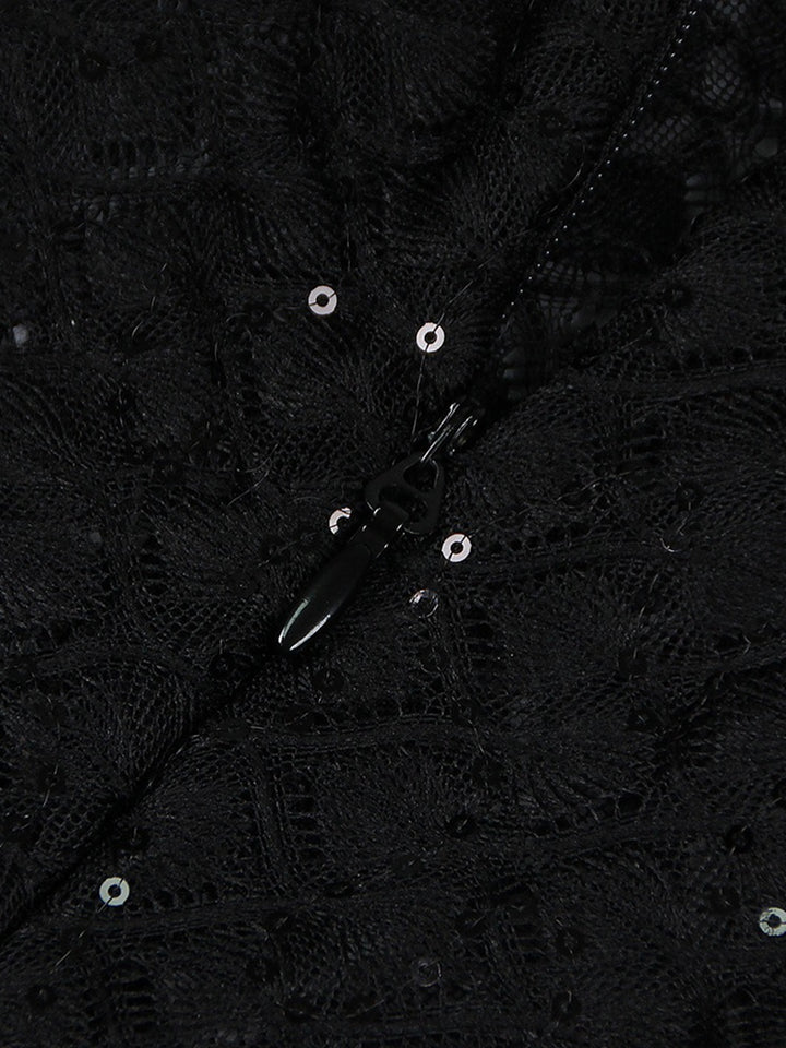 Black Scoop Neck Floor-Length Long Sleeves Evening Pantsuits with Feather & Sequins