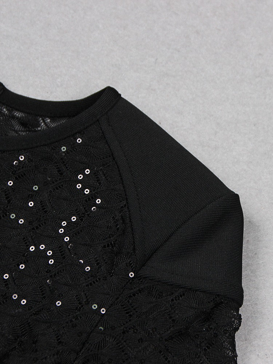 Black Scoop Neck Floor-Length Long Sleeves Evening Pantsuits with Feather & Sequins