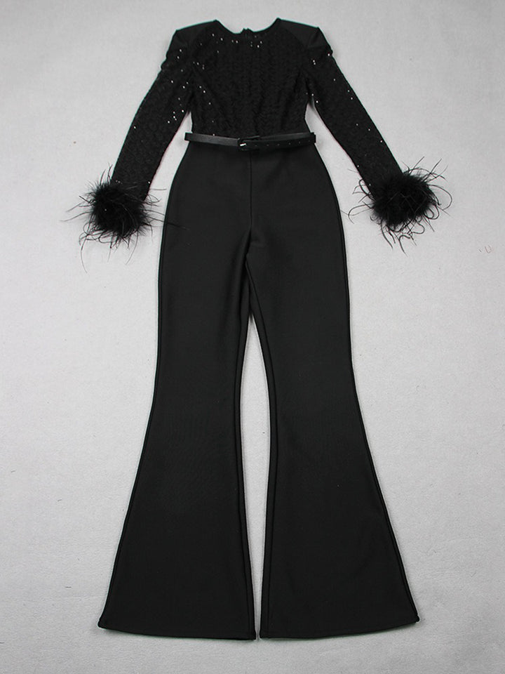 Black Scoop Neck Floor-Length Long Sleeves Evening Pantsuits with Feather & Sequins
