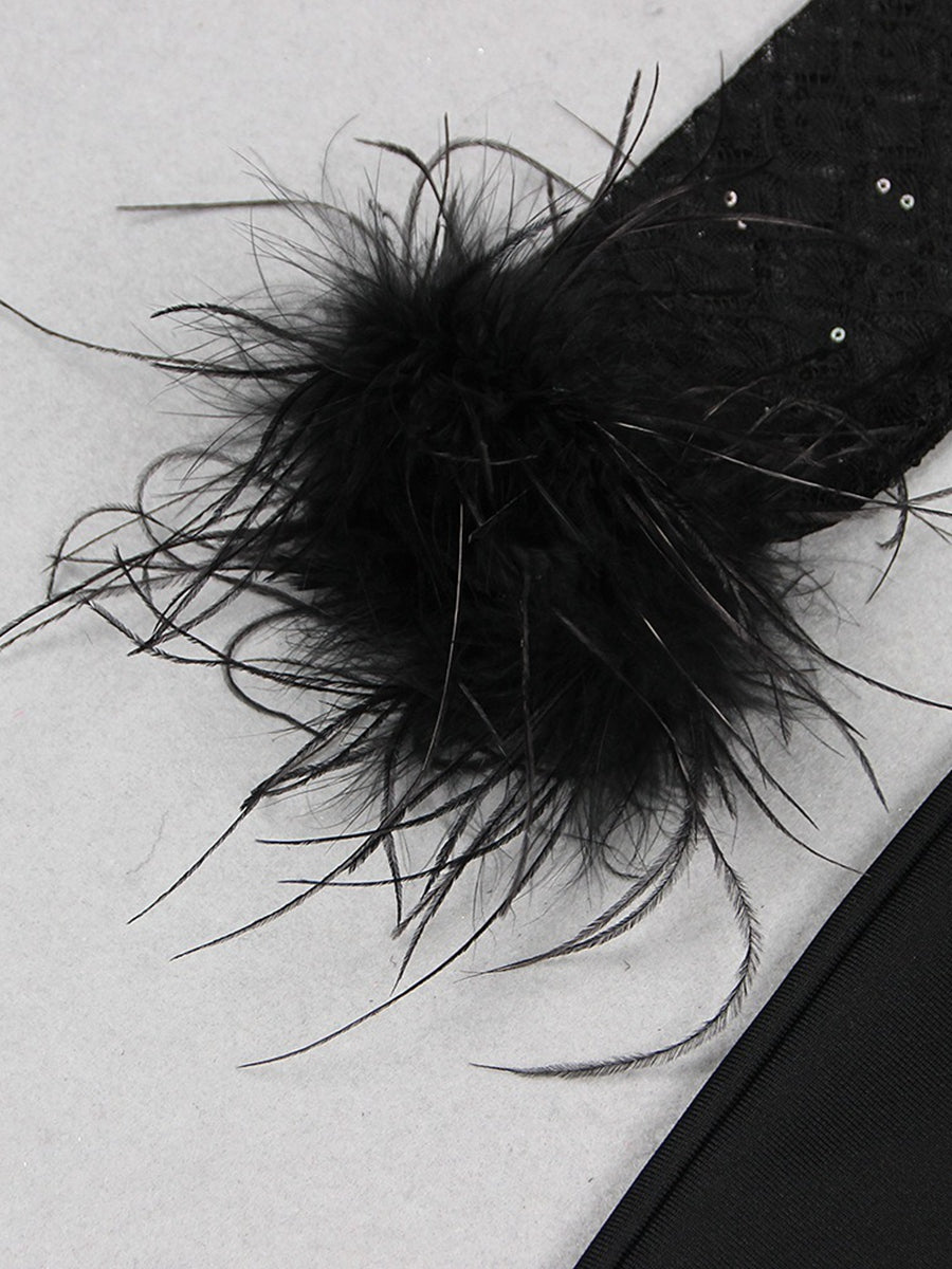 Black Scoop Neck Floor-Length Long Sleeves Evening Pantsuits with Feather & Sequins