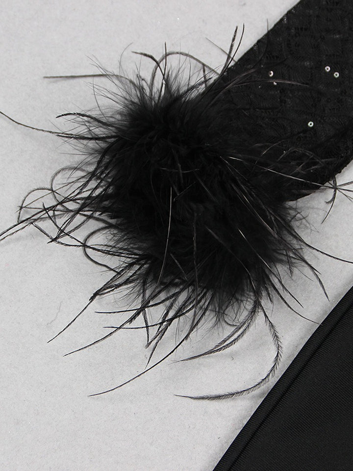 Black Scoop Neck Floor-Length Long Sleeves Evening Pantsuits with Feather & Sequins