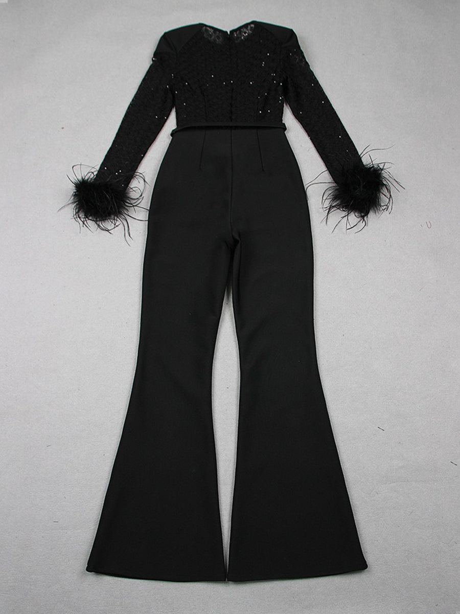 Black Scoop Neck Floor-Length Long Sleeves Evening Pantsuits with Feather & Sequins
