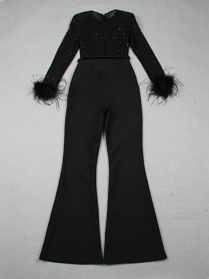 Black Scoop Neck Floor-Length Long Sleeves Evening Pantsuits with Feather & Sequins