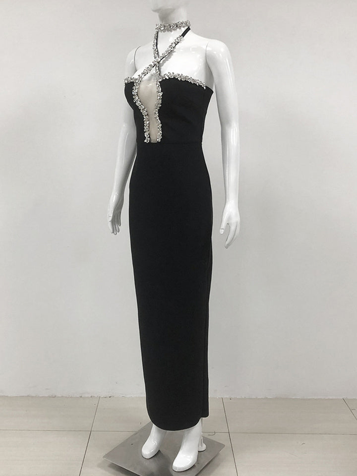 Trumpet/Mermaid Halter Sleeveless Rhinestone Long Elegant Evening Dresses with Cut-out