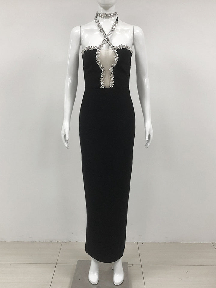 Trumpet/Mermaid Halter Sleeveless Rhinestone Long Elegant Evening Dresses with Cut-out