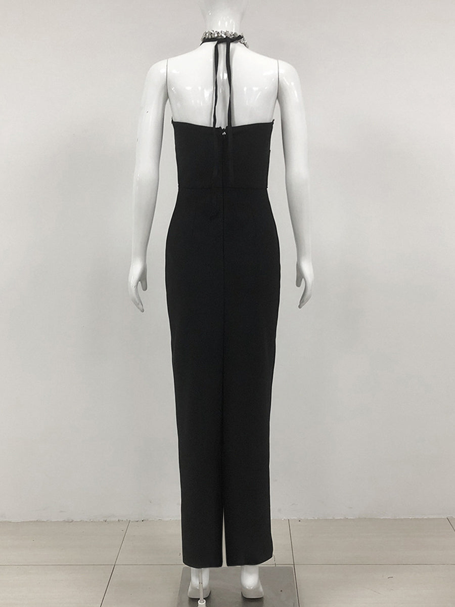 Trumpet/Mermaid Halter Sleeveless Rhinestone Long Elegant Evening Dresses with Cut-out