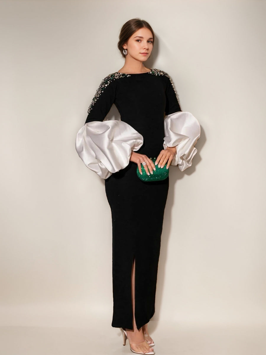 Elegant Women?s Evening Dresses Black 2026 Sheath Boat Neck Formal Gowns Long Puffy Sleeves Ankle-Length Wedding Guest Dress with Rhinestones, S / Elegant Women?s Evening Dresses Black 2026 Sheath Boat Neck Formal Gowns Long Puffy Sleeves Ankle-Length Wedding Guest Dress with Rhinestones, S /