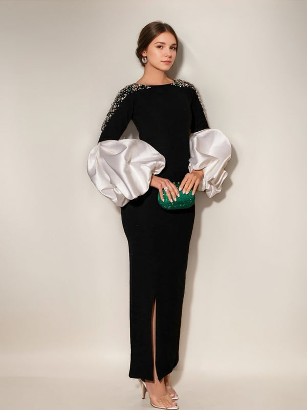 Sheath/Column Boat Neck Long Sleeves Elegant Evening Dresses with Rhinestones & Ruffles