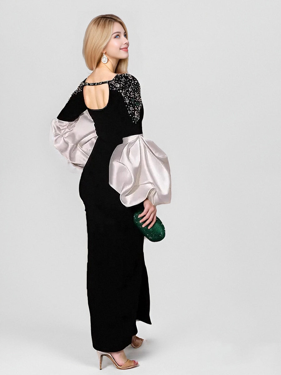 Sheath/Column Boat Neck Long Sleeves Elegant Evening Dresses with Rhinestones & Ruffles