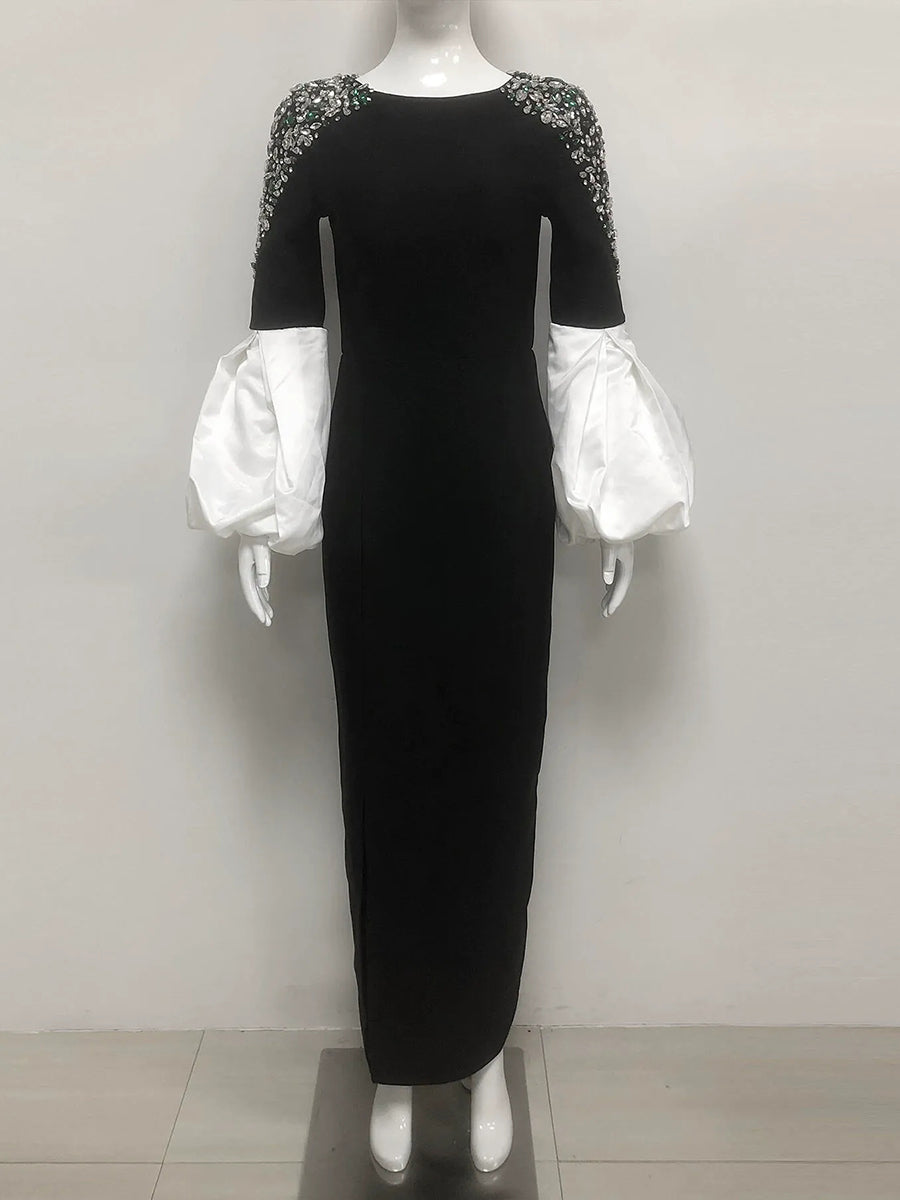 Sheath/Column Boat Neck Long Sleeves Elegant Evening Dresses with Rhinestones & Ruffles