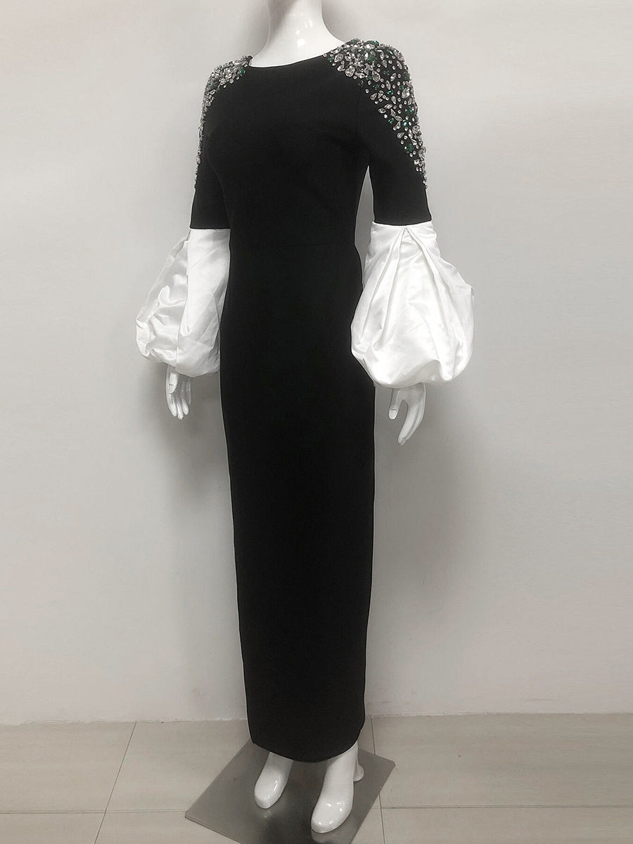 Sheath/Column Boat Neck Long Sleeves Elegant Evening Dresses with Rhinestones & Ruffles