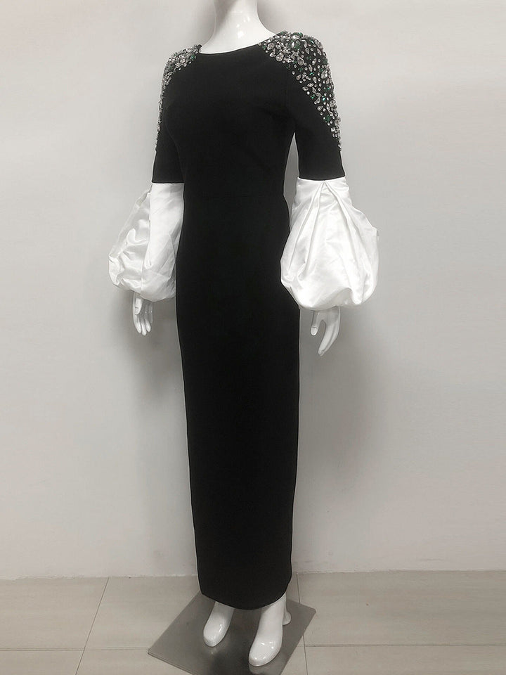 Sheath/Column Boat Neck Long Sleeves Elegant Evening Dresses with Rhinestones & Ruffles