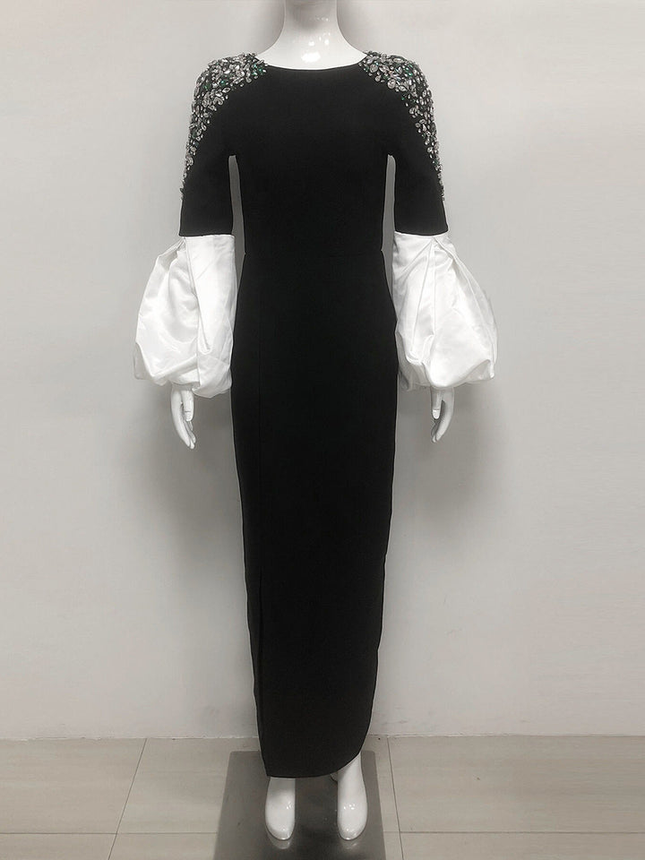 Sheath/Column Boat Neck Long Sleeves Elegant Evening Dresses with Rhinestones & Ruffles