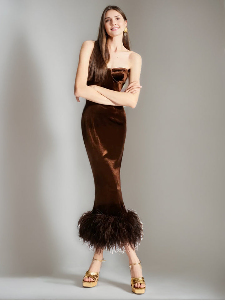 Sheath/Column Strapless Ankle-Length Elegant Evening Dresses with Feather