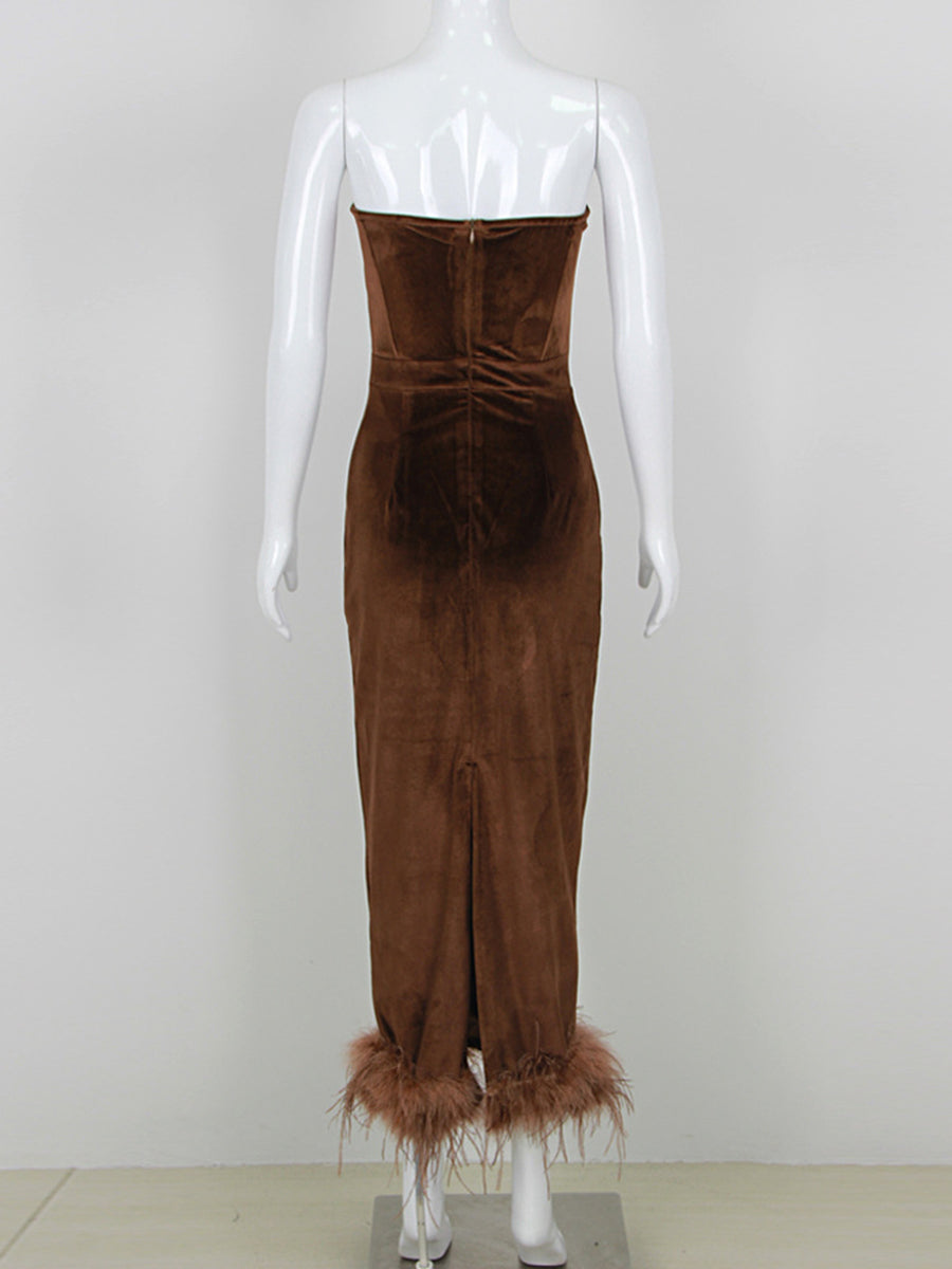 Sheath/Column Strapless Ankle-Length Elegant Evening Dresses with Feather