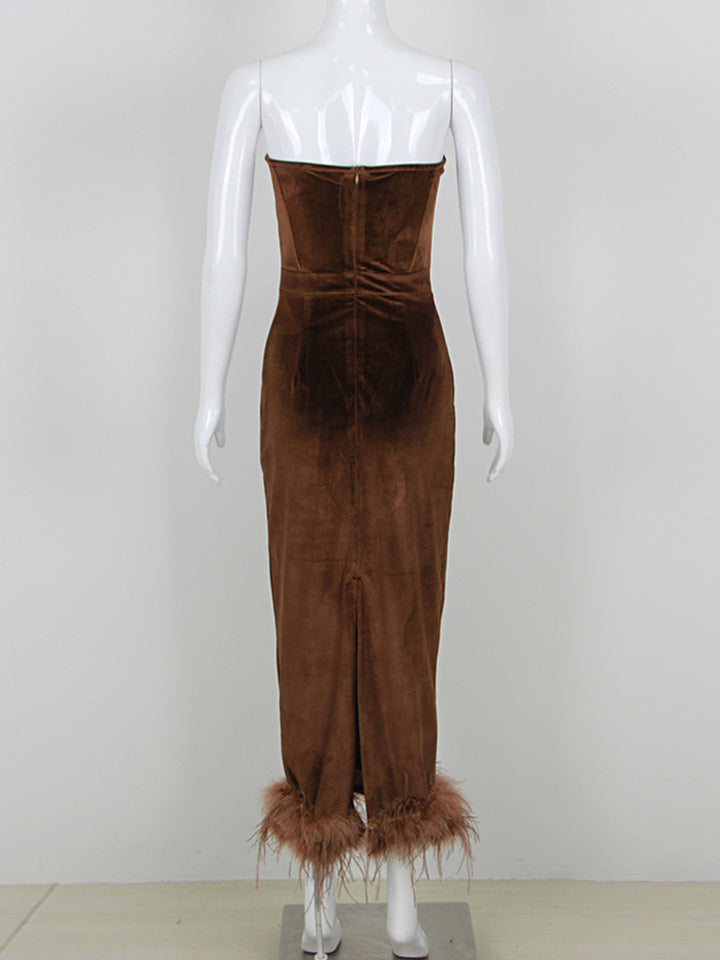 Sheath/Column Strapless Ankle-Length Elegant Evening Dresses with Feather