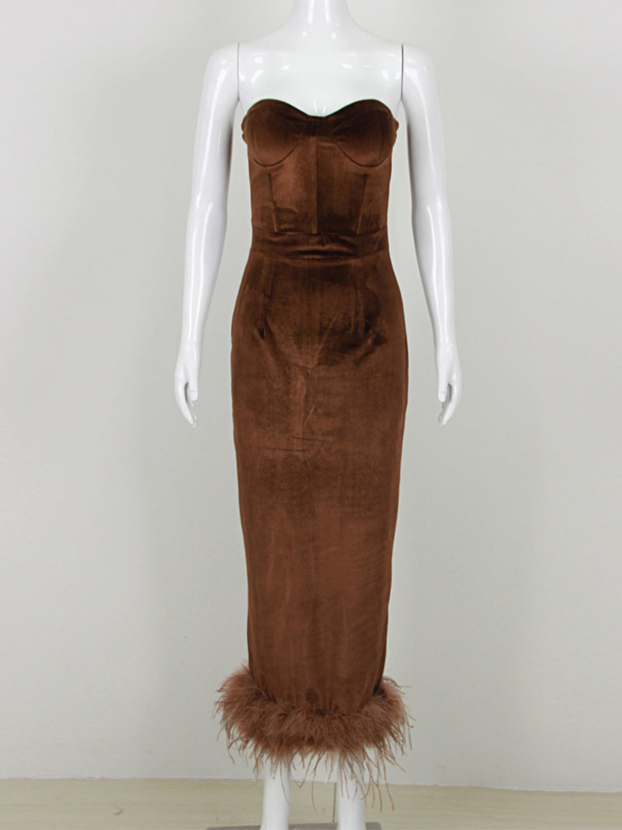Sheath/Column Strapless Ankle-Length Elegant Evening Dresses with Feather