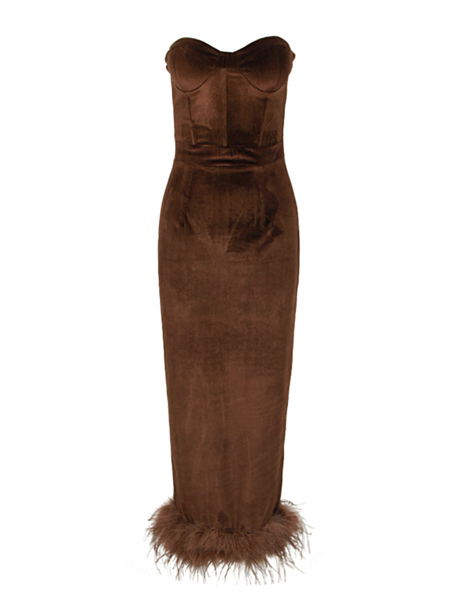 Sheath/Column Strapless Ankle-Length Elegant Evening Dresses with Feather