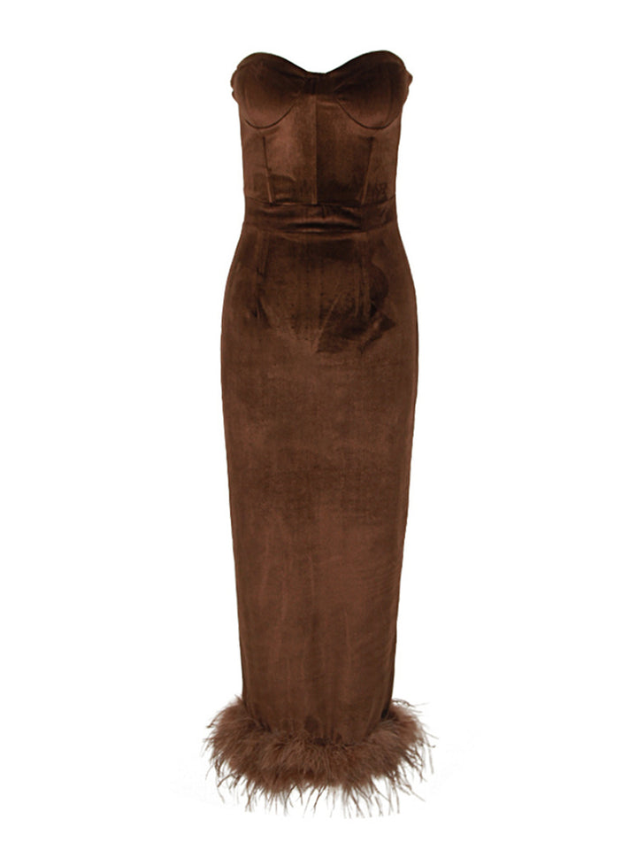 Sheath/Column Strapless Ankle-Length Elegant Evening Dresses with Feather