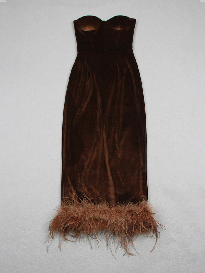 Sheath/Column Strapless Ankle-Length Elegant Evening Dresses with Feather