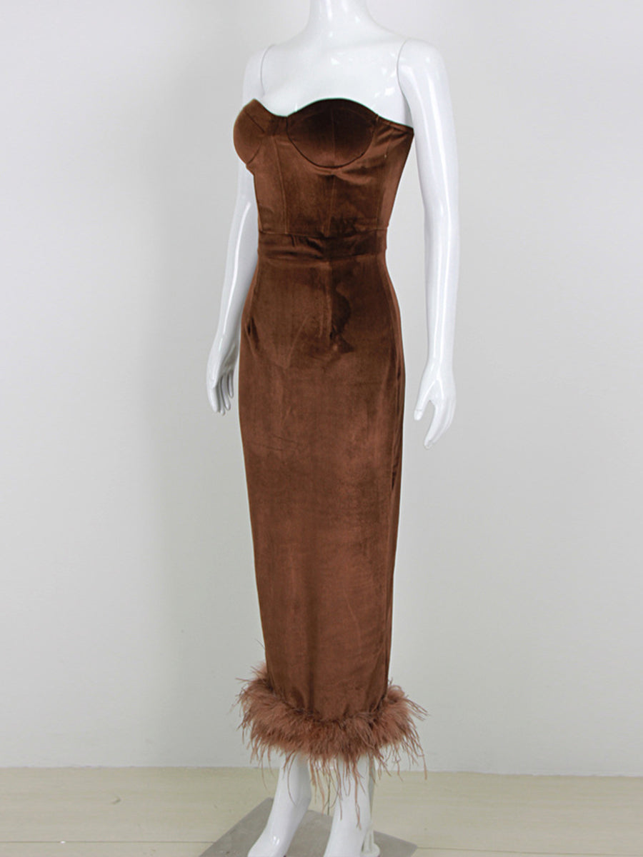 Sheath/Column Strapless Ankle-Length Elegant Evening Dresses with Feather