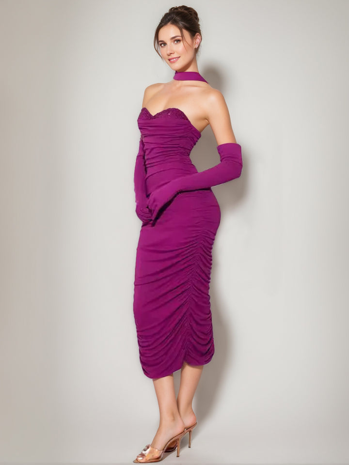 Sheath/Column Sweetheart Sleeveless Ruched Evening Dresses with Rhinestones