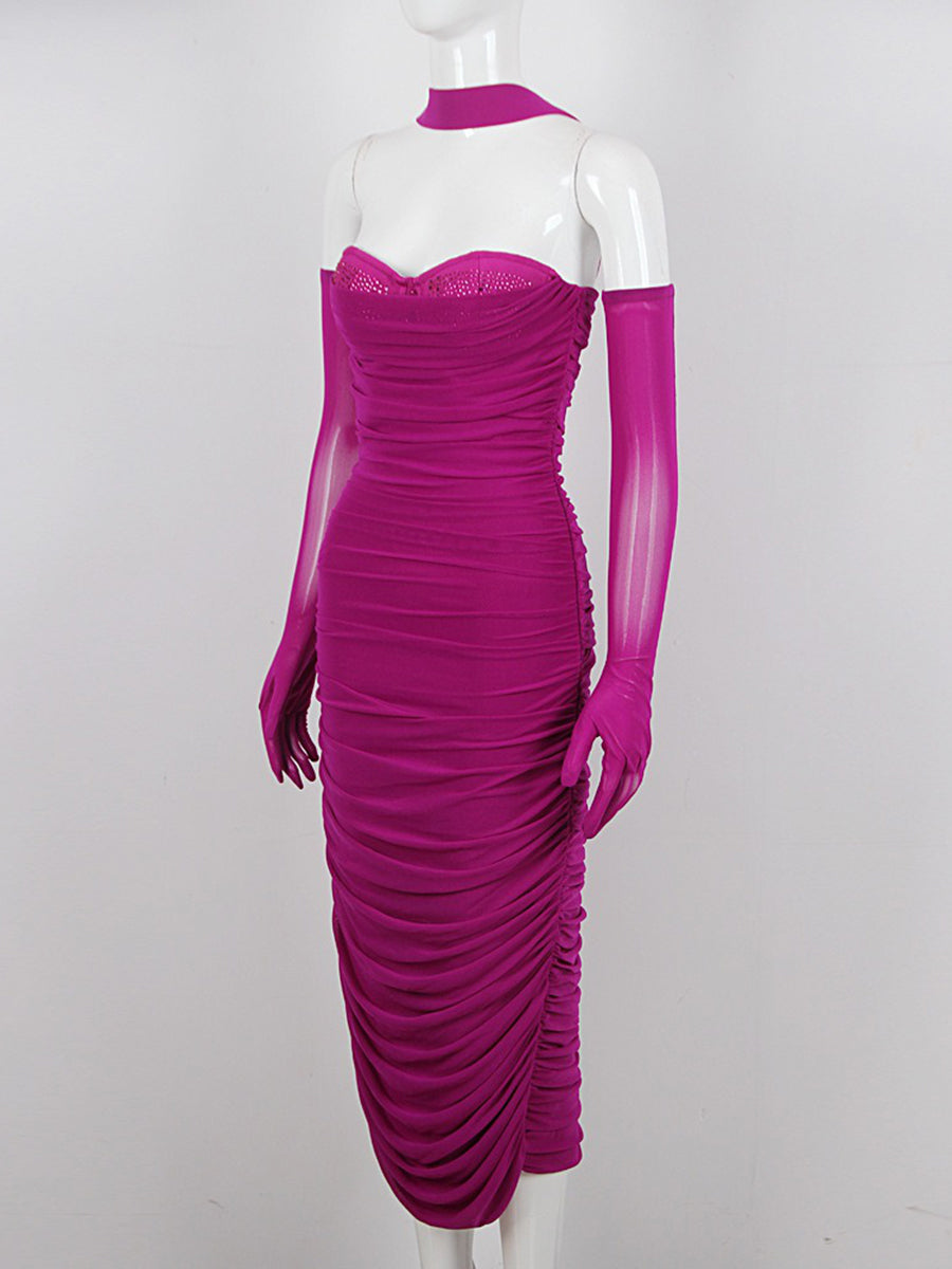 Sheath/Column Sweetheart Sleeveless Ruched Evening Dresses with Rhinestones