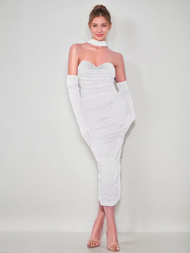 Sheath/Column Sweetheart Sleeveless Ruched Evening Dresses with Rhinestones