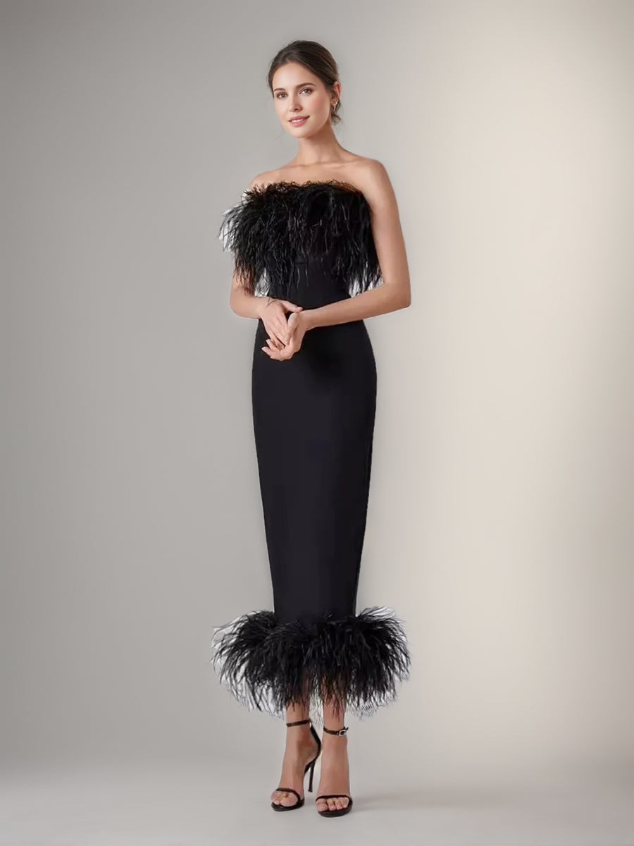 Sheath/Column Strapless Ankle-Length Evening Dresses with Feathers & Back Split