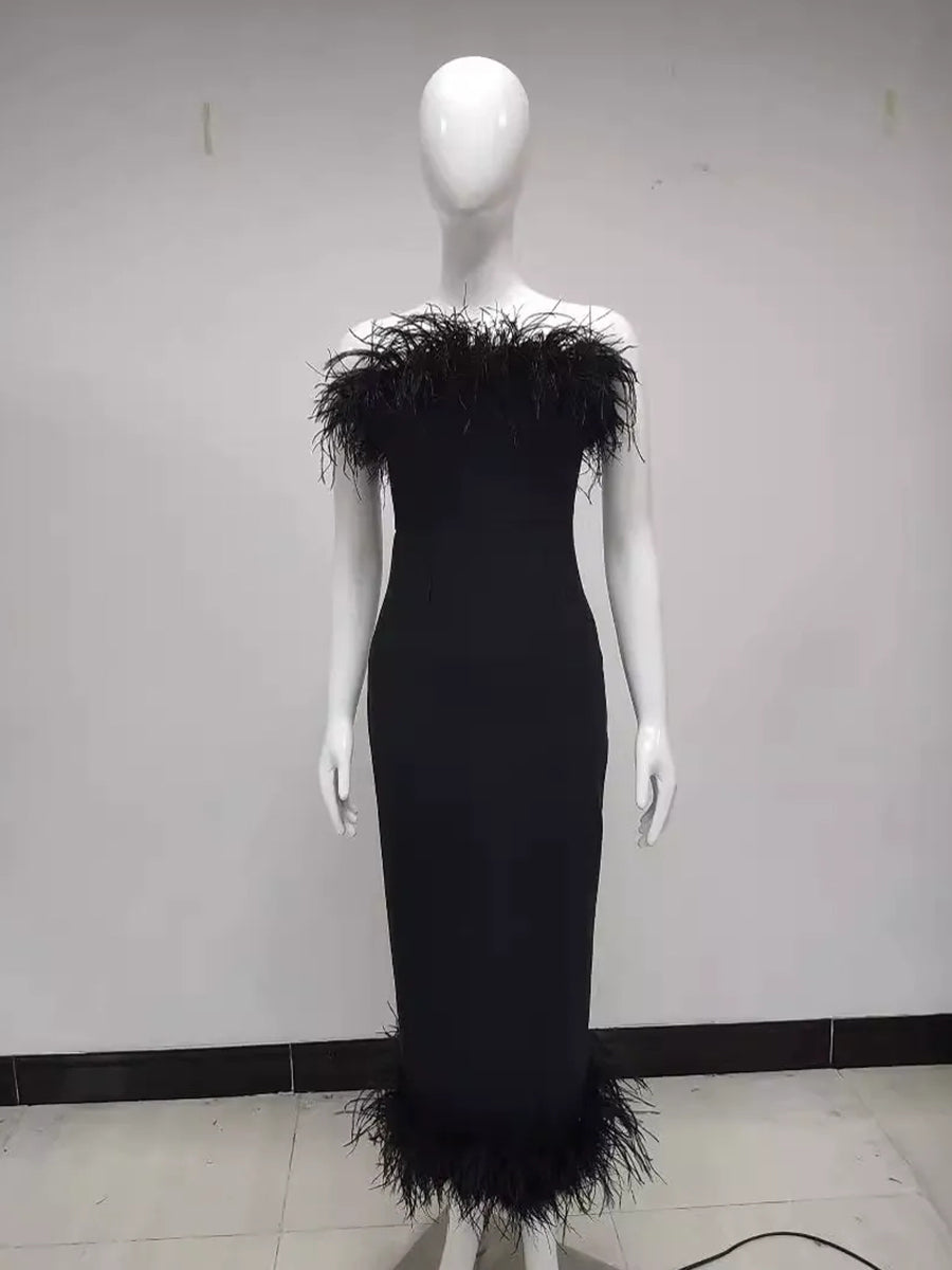 Sheath/Column Strapless Ankle-Length Evening Dresses with Feathers & Back Split