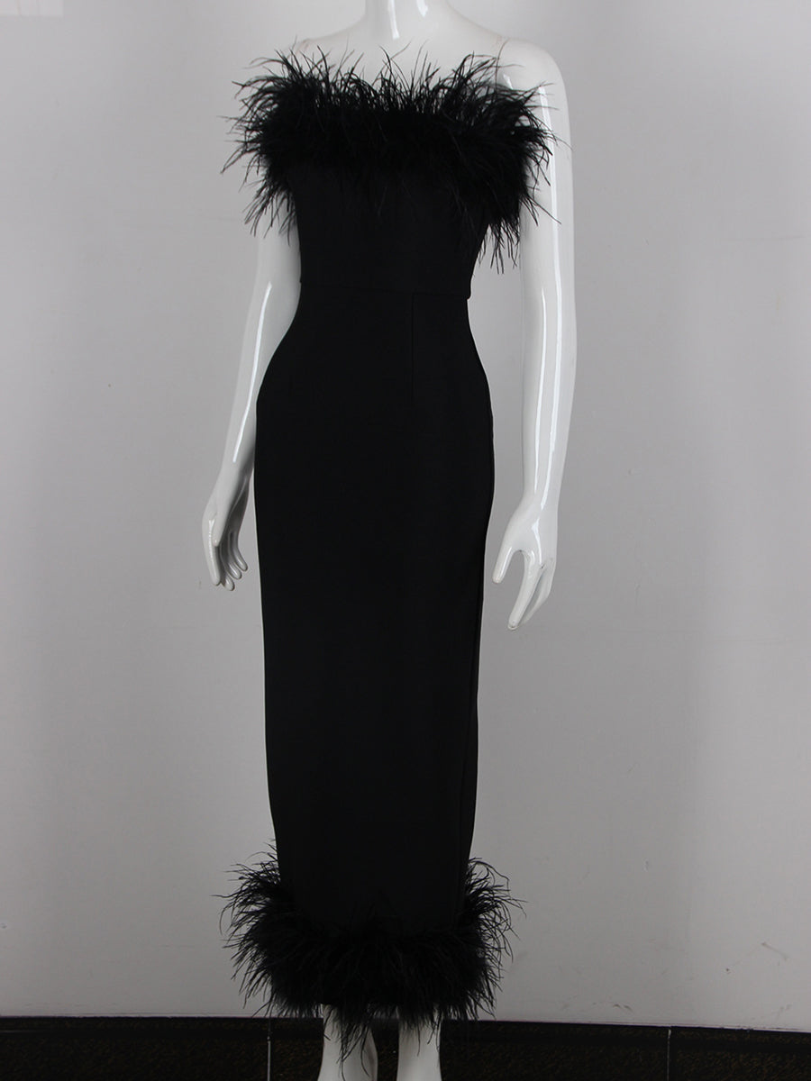 Sheath/Column Strapless Ankle-Length Evening Dresses with Feathers & Back Split