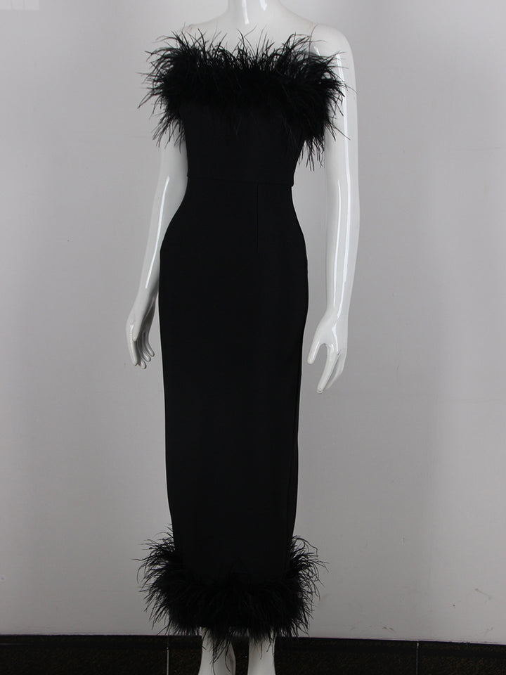 Sheath/Column Strapless Ankle-Length Evening Dresses with Feathers & Back Split