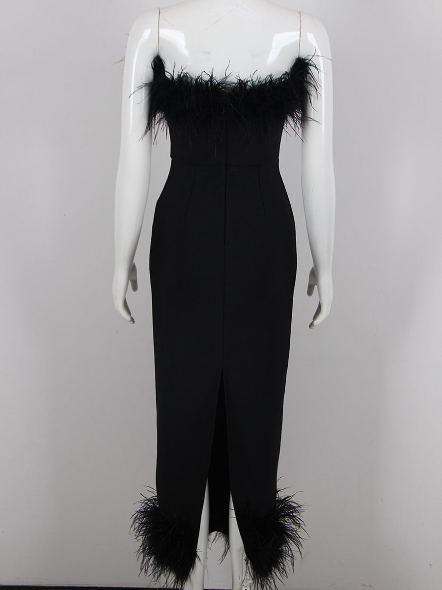 Sheath/Column Strapless Ankle-Length Evening Dresses with Feathers & Back Split