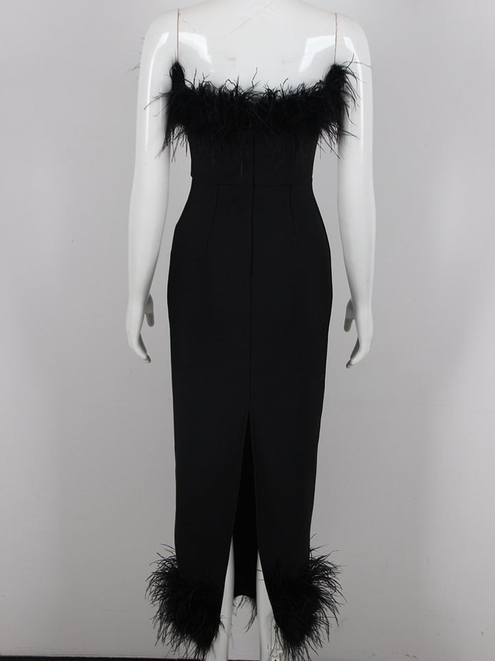 Sheath/Column Strapless Ankle-Length Evening Dresses with Feathers & Back Split