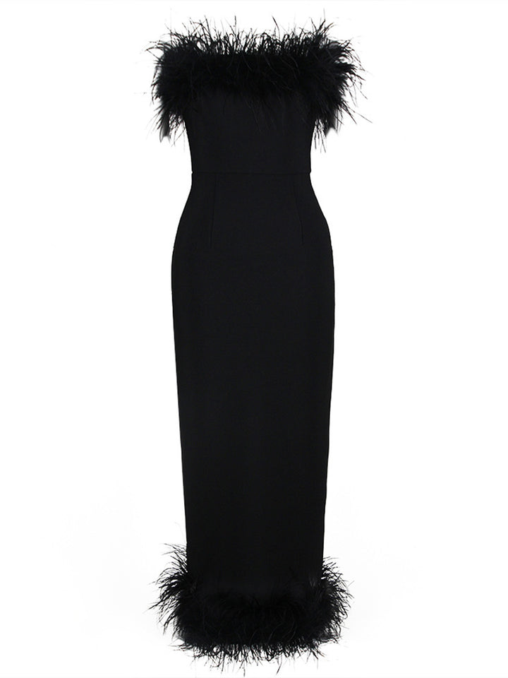 Sheath/Column Strapless Ankle-Length Evening Dresses with Feathers & Back Split