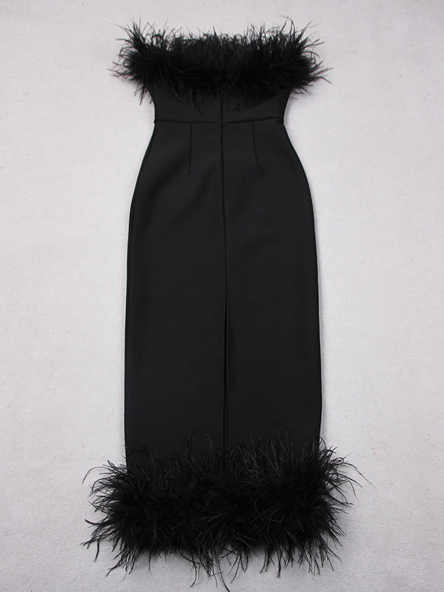 Sheath/Column Strapless Ankle-Length Evening Dresses with Feathers & Back Split