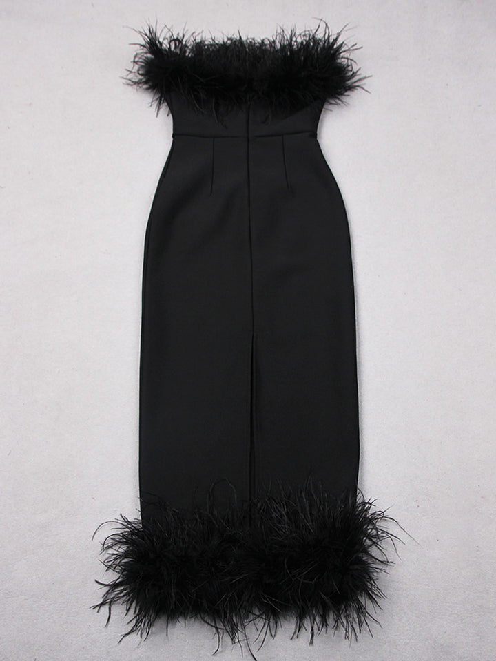 Sheath/Column Strapless Ankle-Length Evening Dresses with Feathers & Back Split