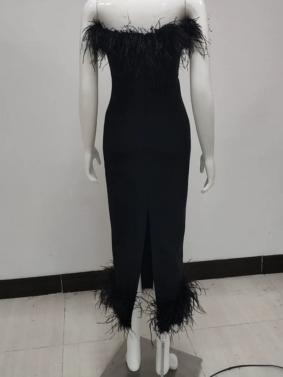 Sheath/Column Strapless Ankle-Length Evening Dresses with Feathers & Back Split