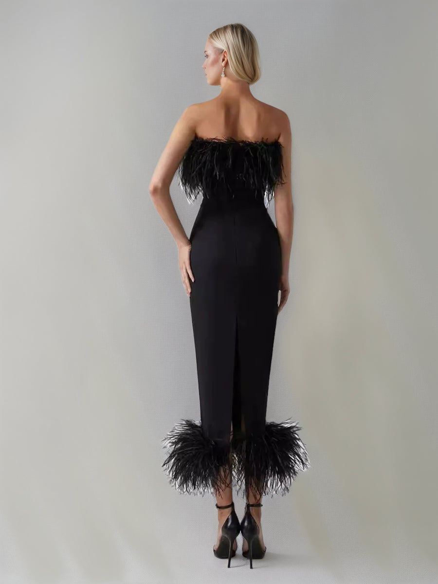 Sheath/Column Strapless Ankle-Length Evening Dresses with Feathers & Back Split