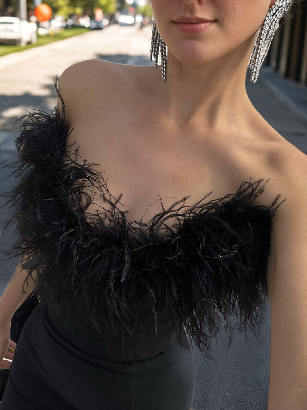 Sheath/Column Strapless Sleeveless Ankle-Length Evening Dresses with Slit & Feathers