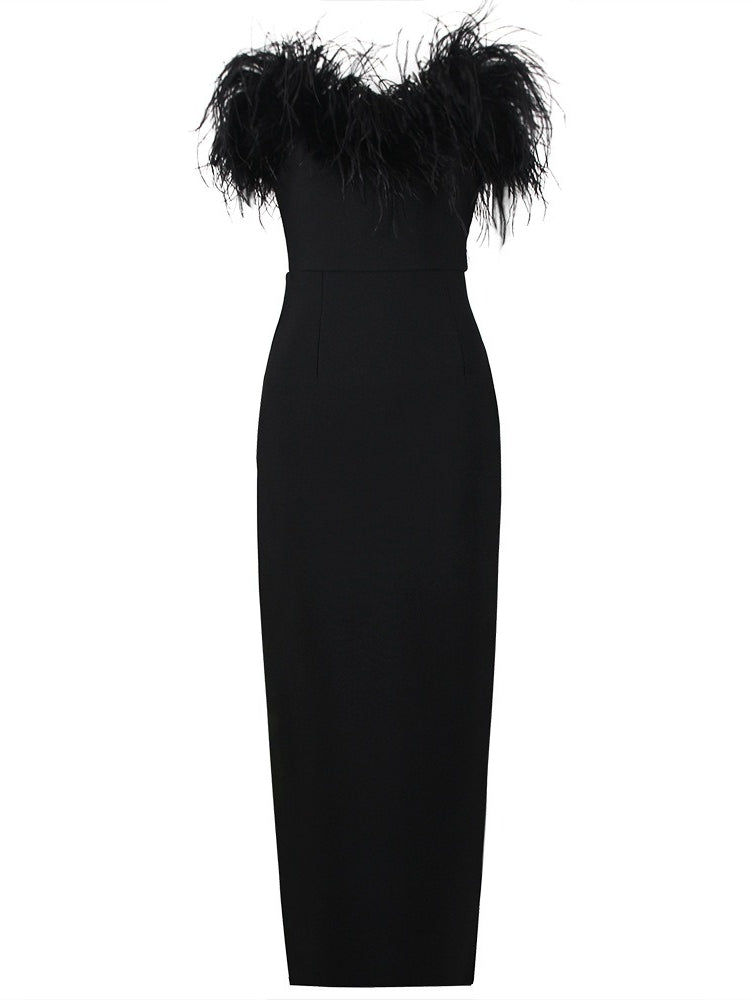 Sheath/Column Strapless Sleeveless Ankle-Length Evening Dresses with Slit & Feathers