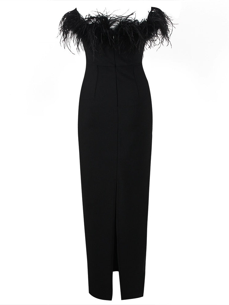 Sheath/Column Strapless Sleeveless Ankle-Length Evening Dresses with Slit & Feathers