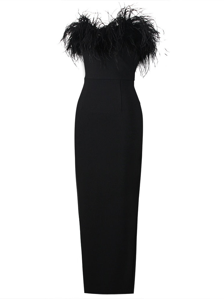 Sheath/Column Strapless Sleeveless Ankle-Length Evening Dresses with Slit & Feathers