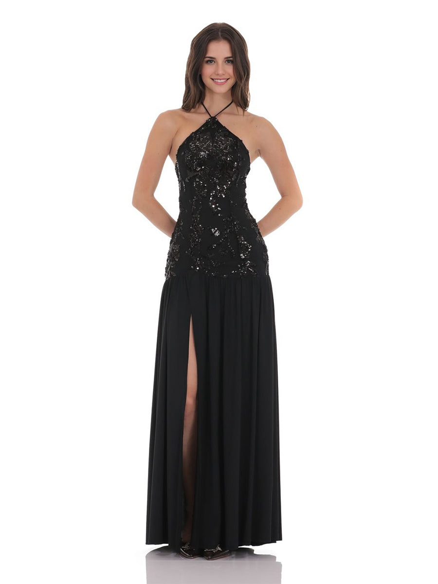 A-Line/Princess Halter Straps Sleeveless Elegant Evening Dresses with Sequins & Split Side