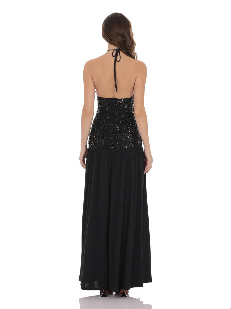 A-Line/Princess Halter Straps Sleeveless Elegant Evening Dresses with Sequins & Split Side